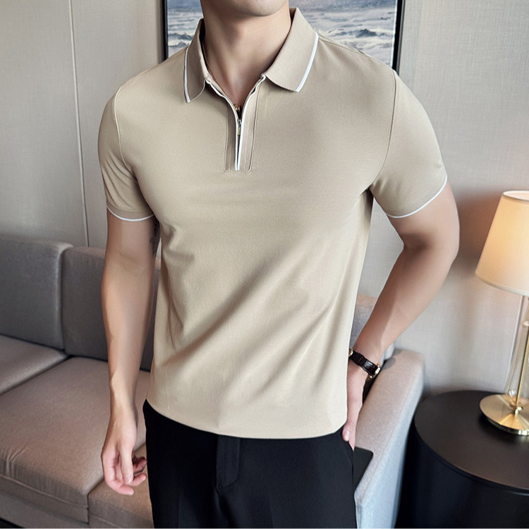 antibacterial polo shirt short zipper lapel T-shirt summer casual half sleeved light luxury men's contrasting color top tracksuit