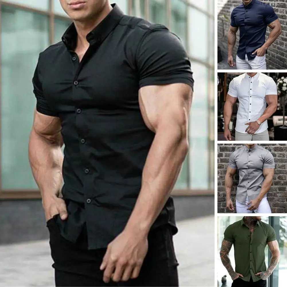 Mens Summer Lapel Short Sleeve Shirt Tops Single Breasted Solid Color Slim Fit Stretchy Anti-wrinkle Business Shirt Workwear W250312