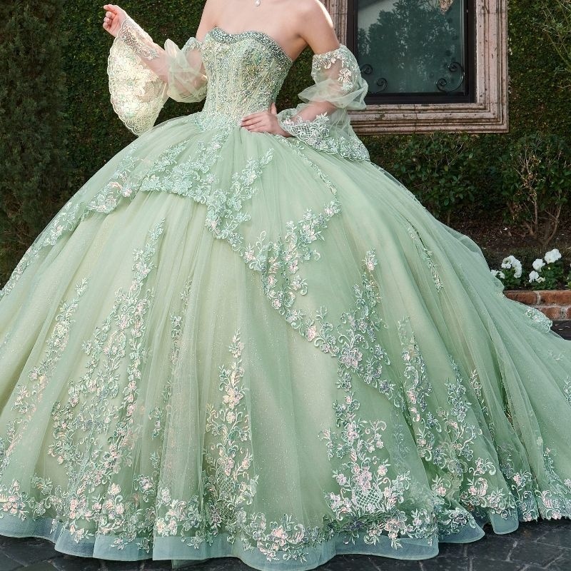 Sage Green Ball Gown Quinceanera Dresses Off The Shoulder Sequined Appliques Lace Beading Tiered Tull Tassel Vestidos De 15 Anos Sweet 16 Dress
