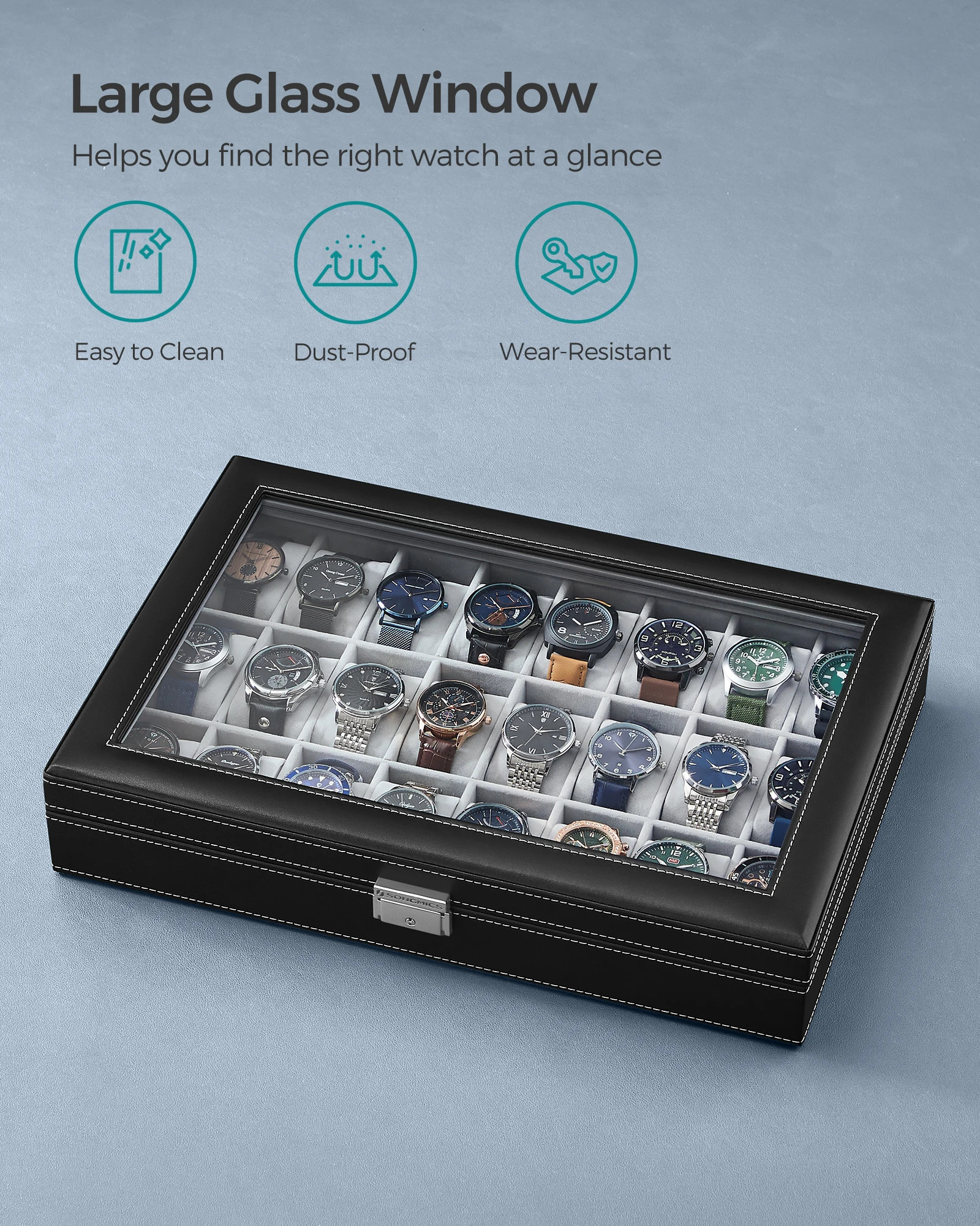 SONGMICS Watch Box 24 Slot Watch Box Lockable Watch Storage Box with Glass Lid Gift Idea Ink Black Synthetic Leather 250311