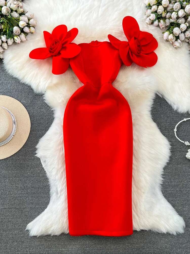 XFPV Women Three Dimensional Wer Temperament High Waist Solid Color Strapless Sleeveless Dresses Spring Summer 2025 Sm9654