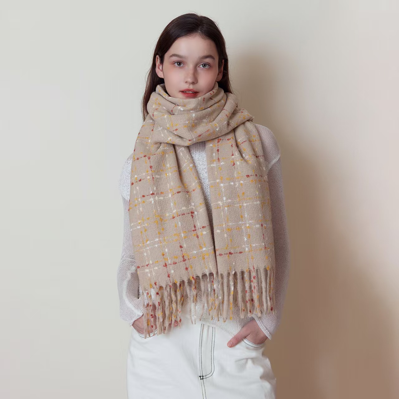 K101 Korean version of cream small fragrance style imitation cashmere plaid scarf women's winter foreign trade cross-border starry sky net celebr