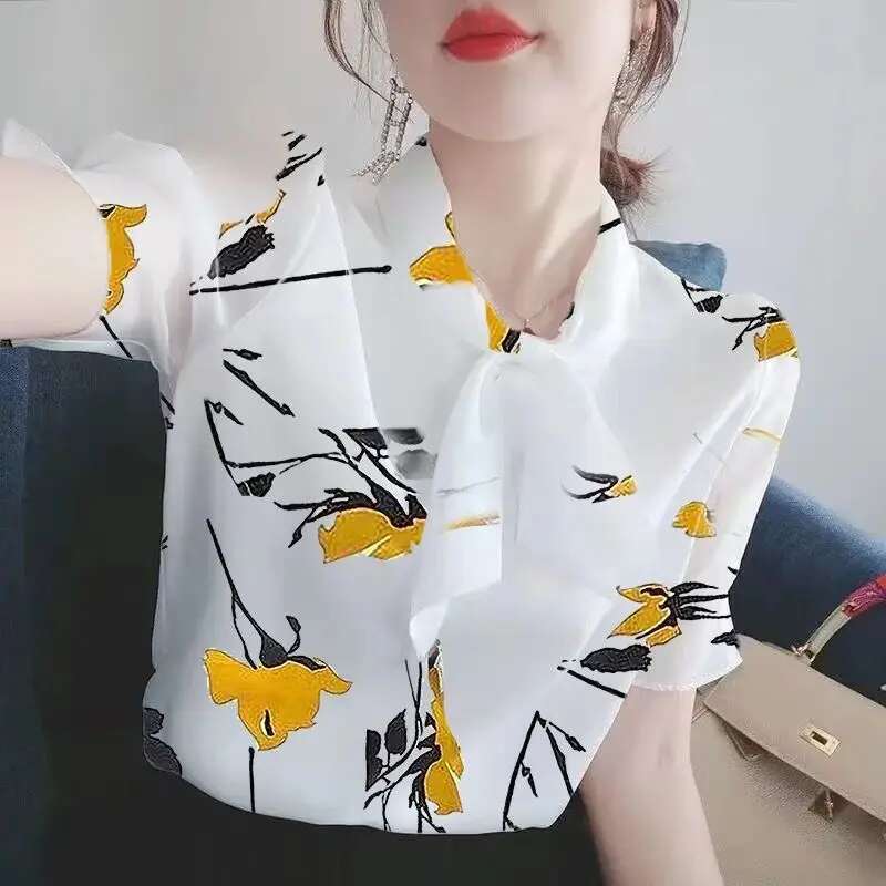 Elegant Fashion Haruku Slim Fit Female Clothes Loose Casual All Match Tops Printed Thin Style Short Sleeve Women Blouse