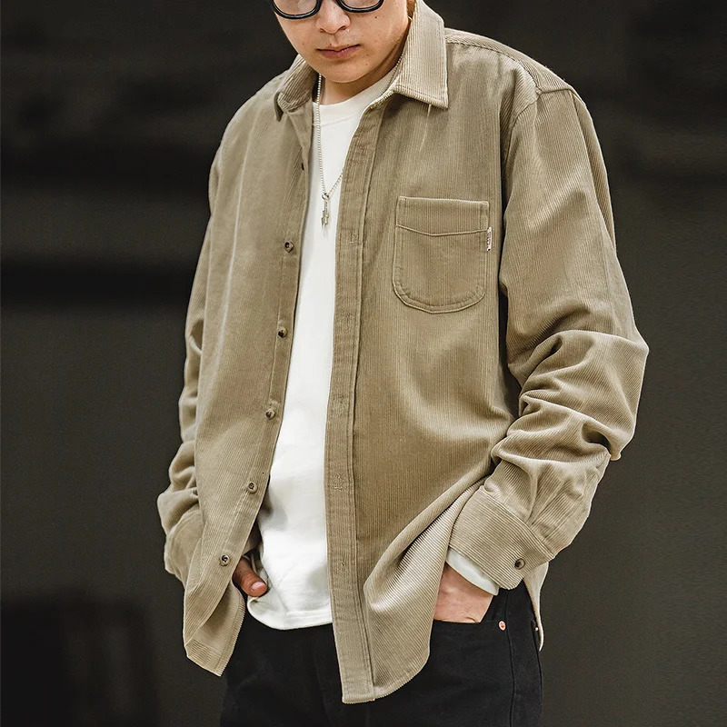 Maden Mens Shirt Casual Corduroy Long Sleeve Shirts Slim Fit Overcoat Spring Fleece Jacket Clothing Retro Fashion Blouses 250312