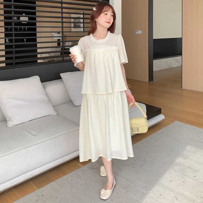 Pregnant Womens Summer Dress Short Sleeve Ruffled Collar Faux Two Pieces Maternity Clothes Sweet Pregnancy Midi Dress WholesaleT250311