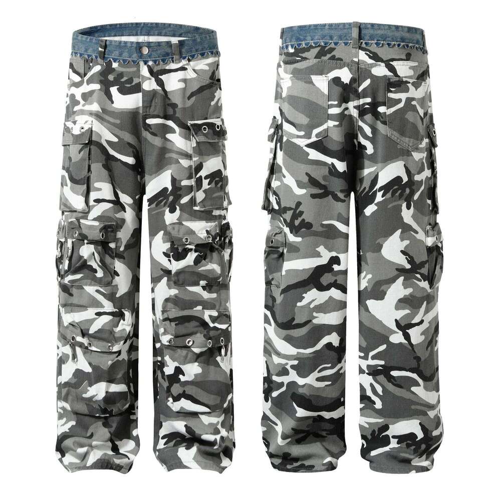 Cargo Black And White Camouflage Denim Spliced Waist Multi Pocket Shell Work Pants Y2k