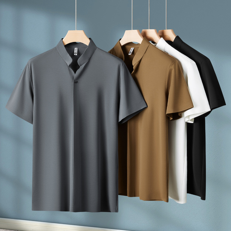 New Chinese style standing neck high elastic V-neck polo shirt for men's seamless drape thin short sleeved white t-shirt light luxury summer trac