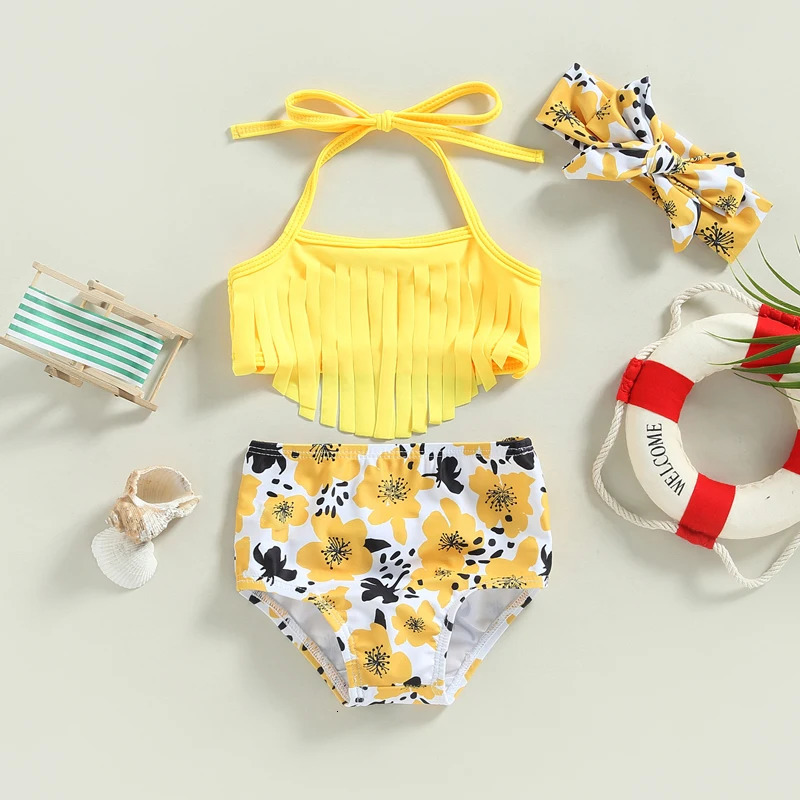 0-3Y Summer Baby Swimwear Girls 3 Piece Halter Bikini Set Strawberry Print Tassel Bathing Suits Toddler Swimsuits Kids Beachwear 250311