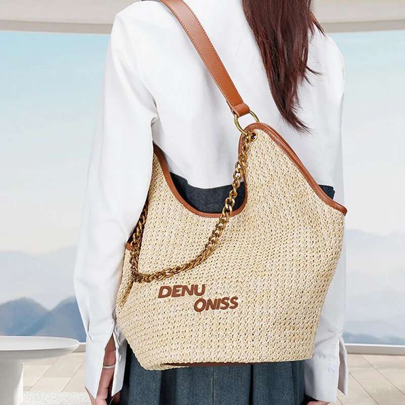 Casual Beach Woven Handbags Bucket Large Capacity Straw Underarm Seaside Travel Solid Color Shoulder Bag For Women