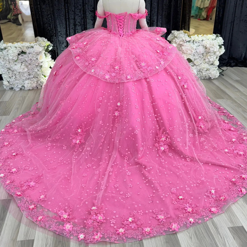 Pink Shiny Off Shoulder Quinceanera Dresses Applique Lace Beading Crystal Tull Party Birthday Sweet 16 Dress Vestidos 15 Anos