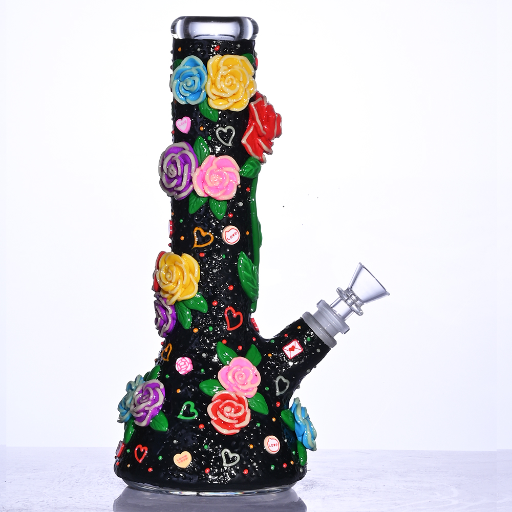 Glass Beaker Bong With Cute Rose & Love,Flowers With Glow In Dark,Borosilicate Glass Water Pipe,Glass Hookah,Polymer Clay Glass Smoking Item With Flow