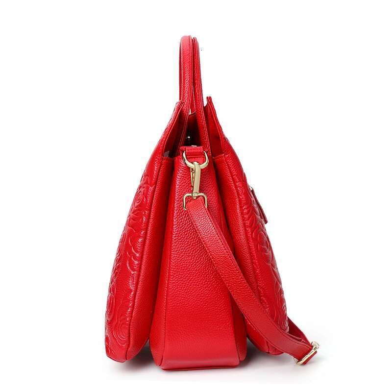 Aidrani Classic Emed Genuine Leather Women's Large Capacity Handbag Red Simple Cowhide Single Shoulder Crossbody Bag