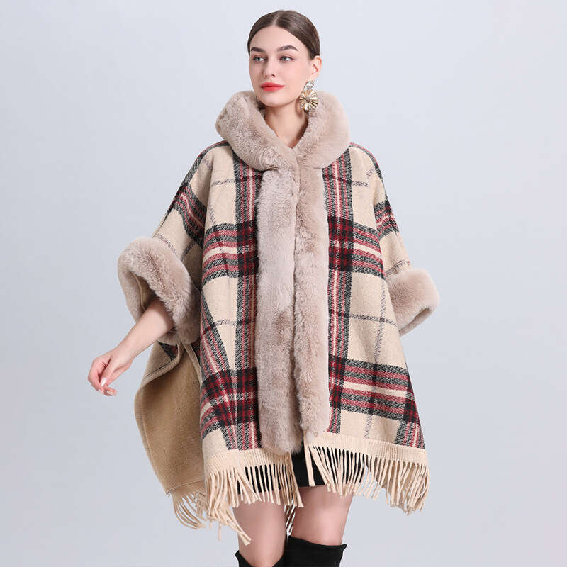 869 # Autumn And Winter New Loose Grid Pattern With Thick Collar Knitted Shawl Cape Women's Woolen Coat