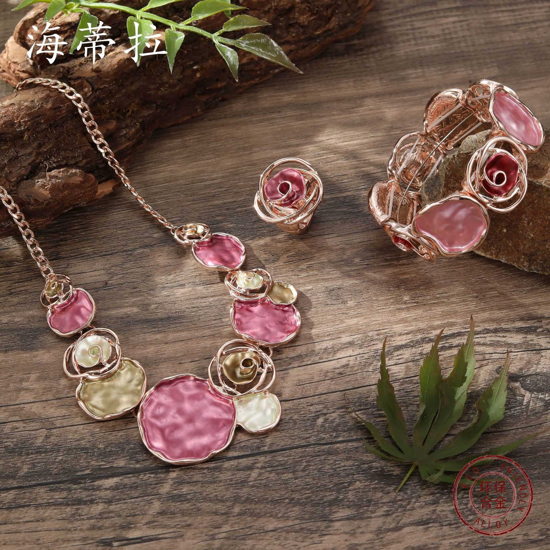 Colored oil painting rose ring bracelet necklace set for womens banquet high-end decoration set W250312
