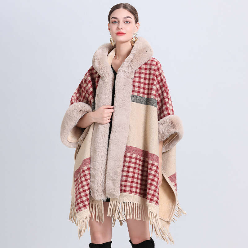 869 # Autumn And Winter New Loose Grid Pattern With Thick Collar Knitted Shawl Cape Women's Woolen Coat