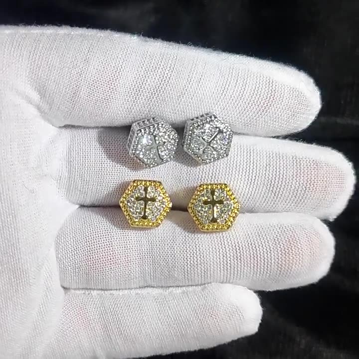 Hip Hop Hexagon Cross Stud Earrings Cylinder Shape Shining Zircon Dangle Earrings Gold Plated Vintage Geometric Jewelry