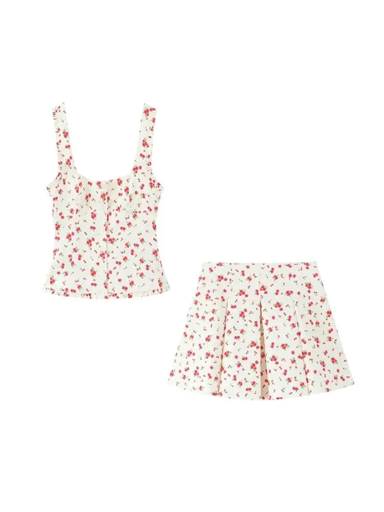 TRZA Womens Fashion Flower Printed Tank Top and Mid Waist Folded Mini Leather Jacket Two Piece Set Unprinted Good Product 250312