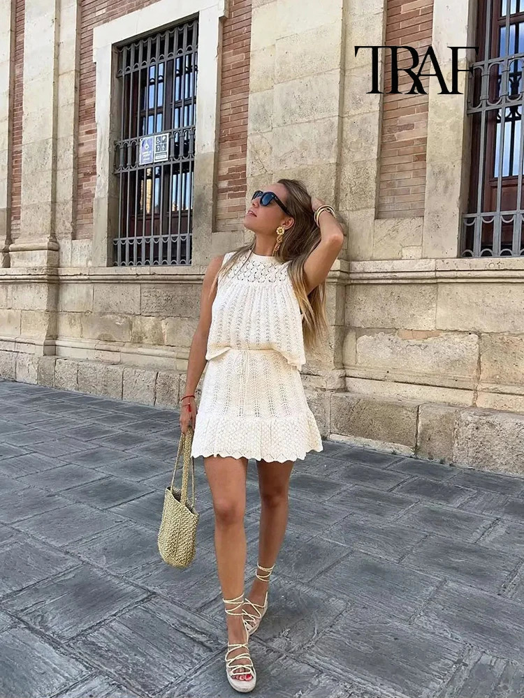 TRAF Womens Fashion Jacquard Sleeveless Top Set Elegant Skeleton Knitted Mini Skirt Lace Folded 250312