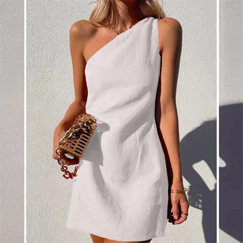 Fashion Slant Neck Women Dresses Summer Solid Color Commuter Dress Simple Style Cotton En Gown Casual Female Sleeveless Frock