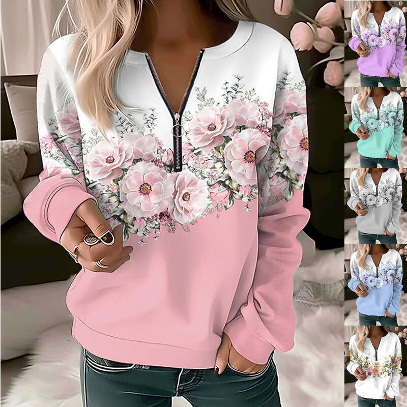 European American women's hot item printed V-neck long sleeved pullover loose hoodie new style chic and elegant clothing