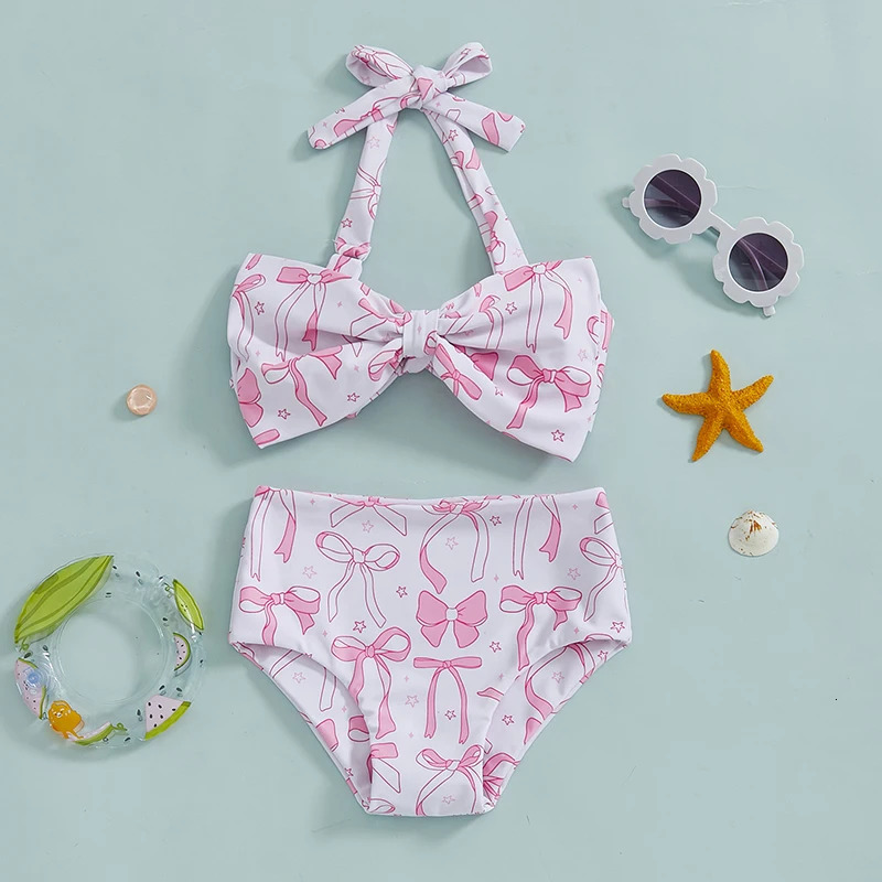 Suefunskry Kids Girls 2 Piece Swimsuits Summer Bow Print Halter Neck Bikini Tops and Elastic Shorts Set Bikini Bathing Suits 250311