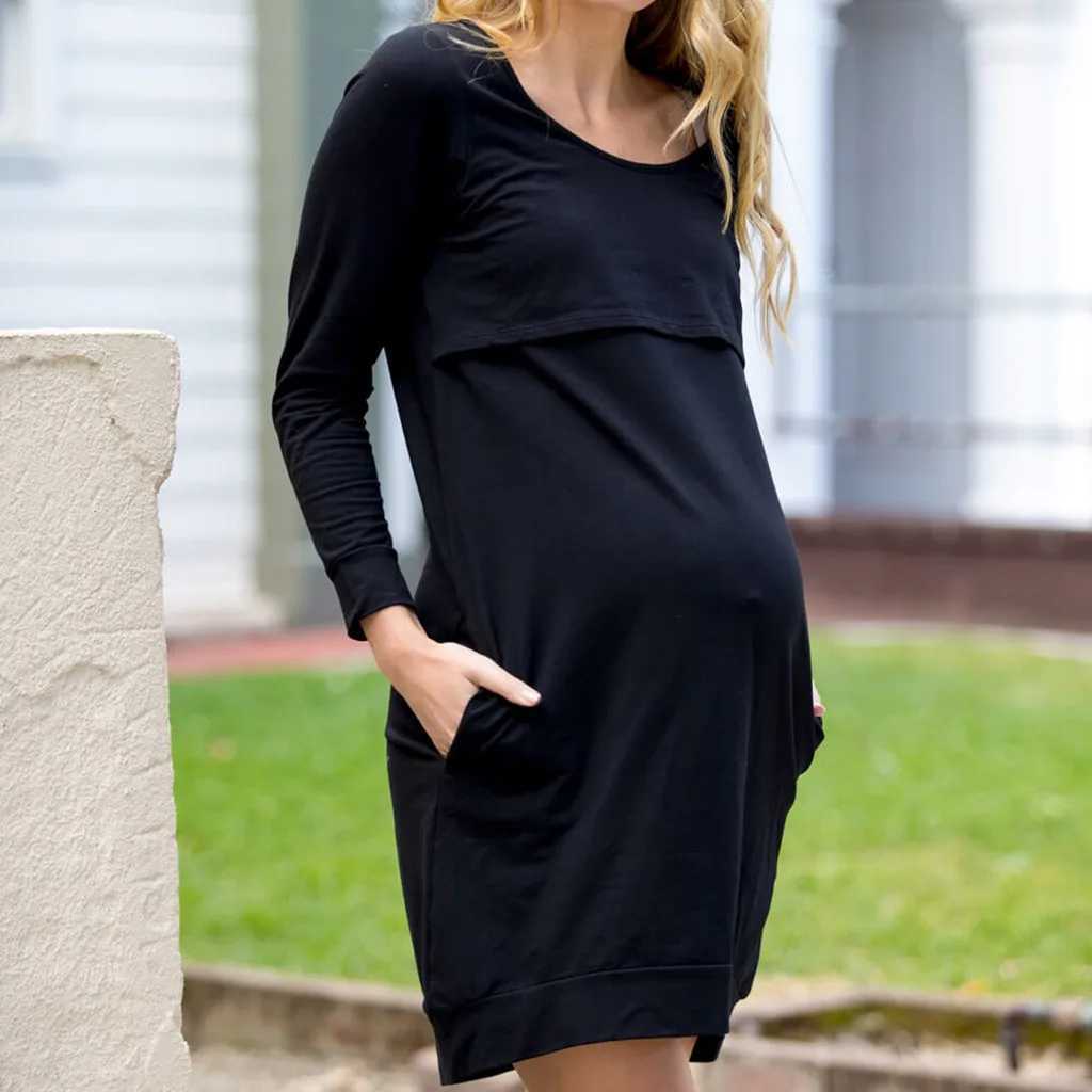 WomenS Maternity Dress Photoshoot V-Neck Hem Long Sleeve Solid Dress With Pocket Autumn Winter Plus Summer Dress T250311