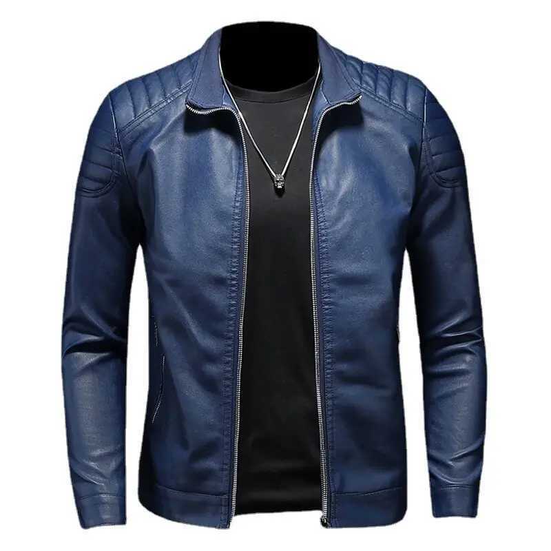 2024 Moto Pu Leather Jacket Men Winter Leahter Jacket Male Stand Collar Casual Windbreaker Trendy Mens Clothing Black BlueT250311