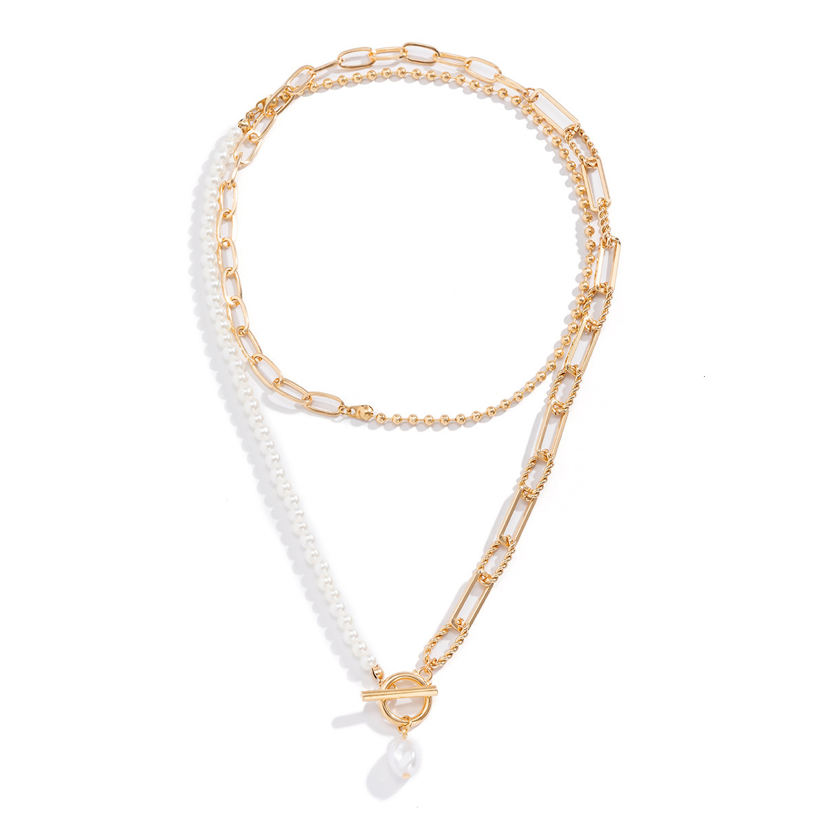 High-grade Imitation Pearl OT Buckle Fringe Necklace With Cross Ring Overlapping With Beaded Jewelry for Women