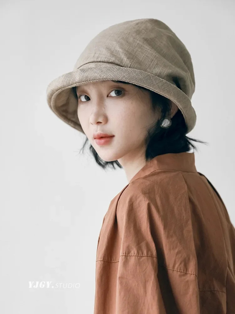 Japanese Cotton Linen Pleated Women Fisherman Hat Small Brim Summer UV Resistant Breathable Bucket Wrapped Head Ladies 250304