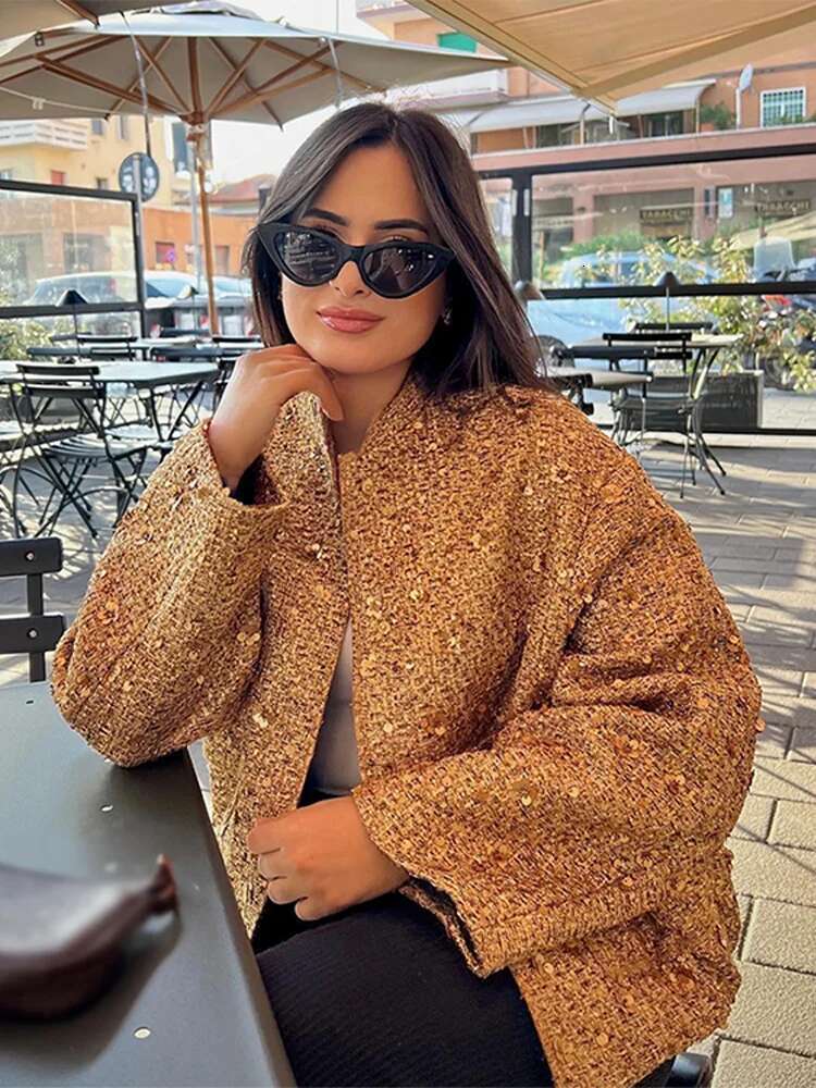 Fashion Gold Sequins Bomber Jacket For Women 2024 Chic Stand Collar Long Sleeve Coat Female Winter Autumn Lady Street Outerwear