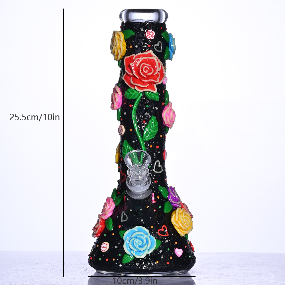 Glass Beaker Bong With Cute Rose & Love,Flowers With Glow In Dark,Borosilicate Glass Water Pipe,Glass Hookah,Polymer Clay Glass Smoking Item With Flow
