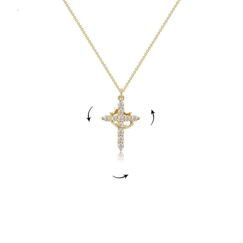 Fashionable stainless steel crown pendant with rotatable full cross zirconia necklace
