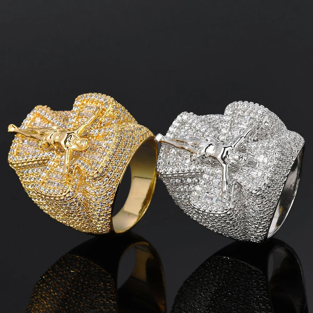 Hip Hop Vintage Hip Hop Casting Jesus Cross Rings Bling Full 5A Zircons Religion Jewelry Men Gift
