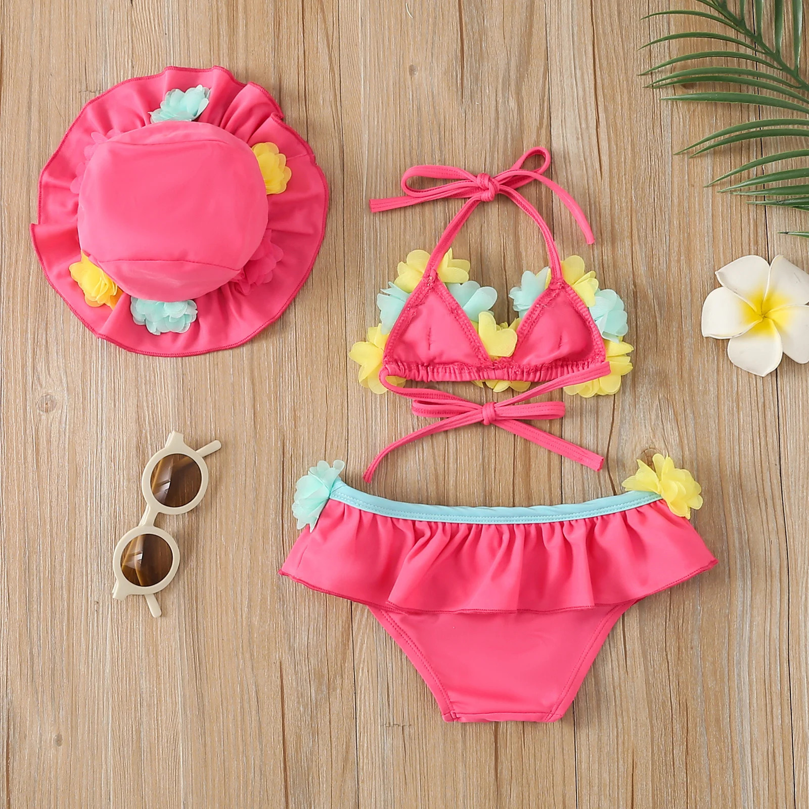 FOCUSNORM 0-24M Summer Cute Baby Girls Bikini Sets 3pcs Flowers Strap Sleeveless VestShorts Sun Hat Swimsuits 250311