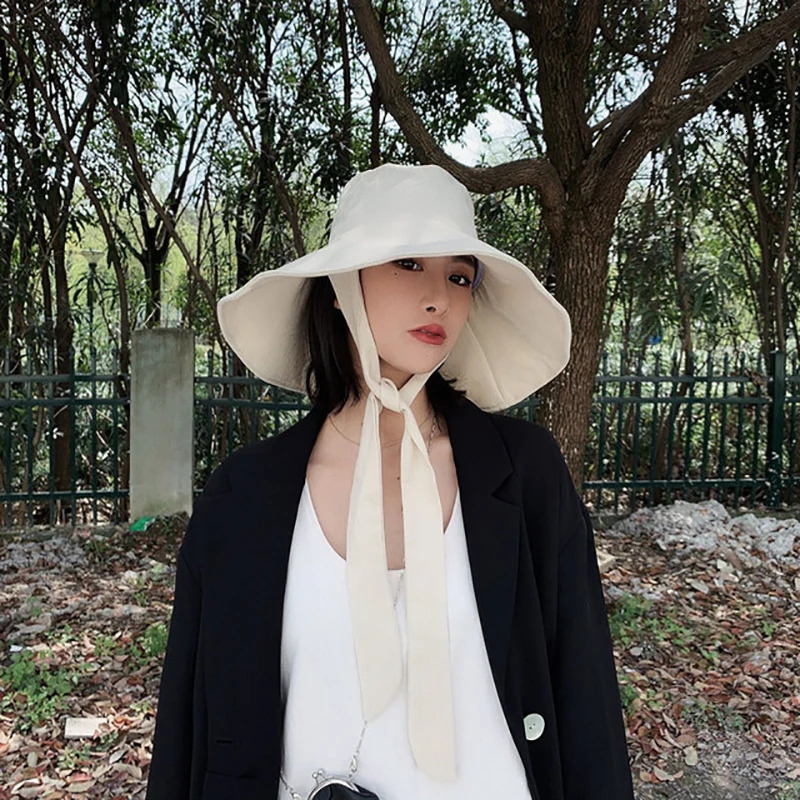 Japan and South Korea Big Brim Hat Womens Spring Summer Foldable Travel Sun Hat Cotton Linen Round Bandage Bow Fisherman Hat 250310