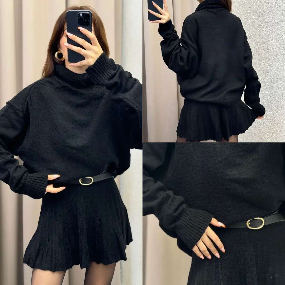 spring Knitted Skirt Suits Women Wine Red Turtleneck Long Sleeve Sweater +Pleated Mini Skirts 2 Pieces Set Female Chic Outfits