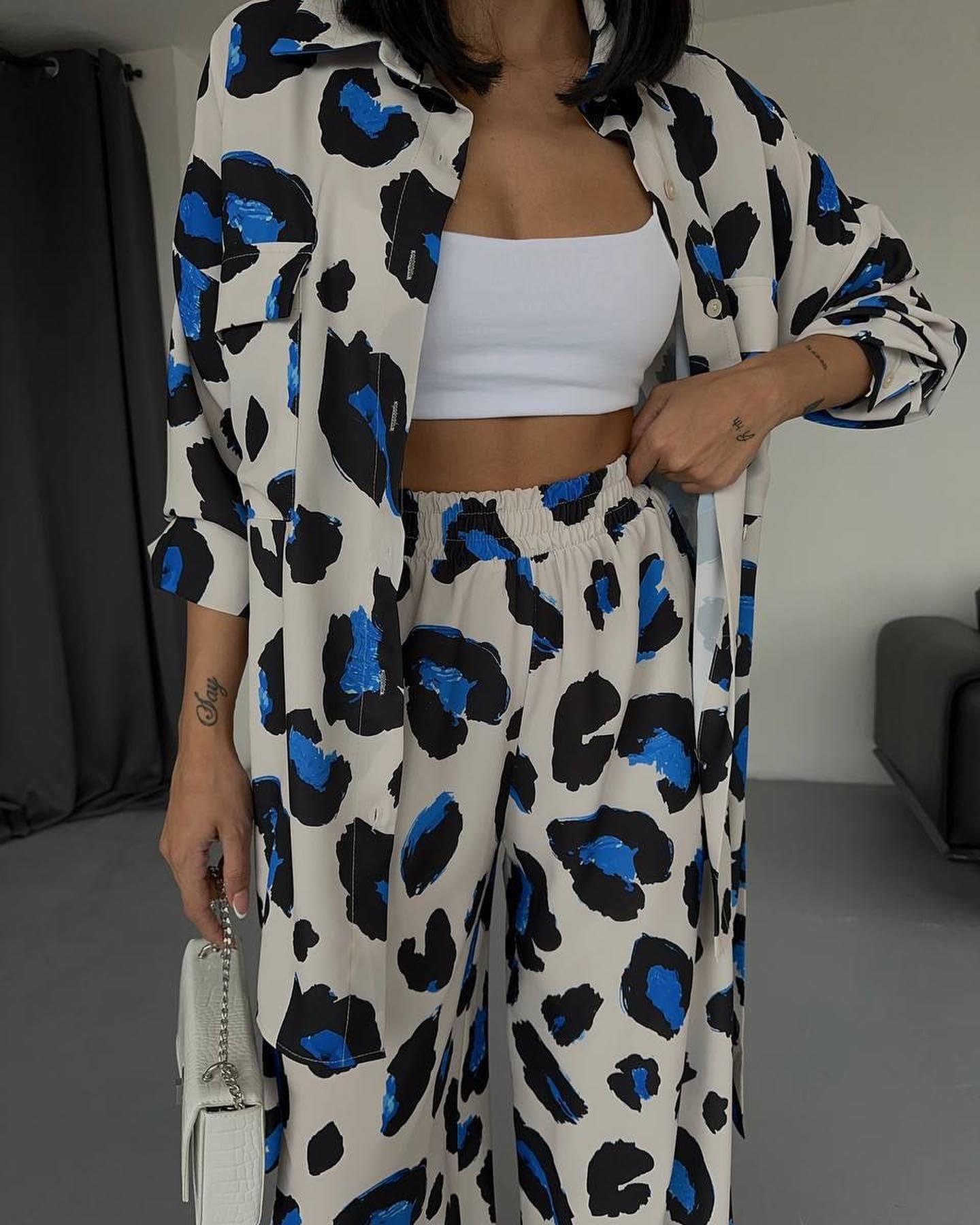 Elegant Womens Sets Woman 2Piece Trouser Sets Fashion Leopard Outfits Tank Tops and Wide Leg Pant Suits Oversize