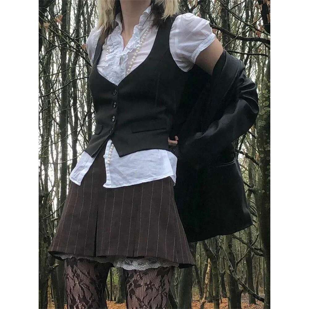 Waistcoat Solid Women Color/Striped V Neck Sleeveless Cropped Tank Tops 90s Vintage Punk E Girl Vest Jacket Streetwear