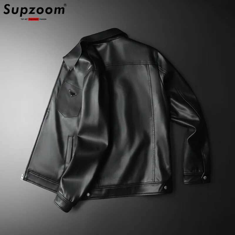 Supzoom New Arrival Top Fashion Autumn And Winter Pu Triangle Mark Synthetic Leather Black Leisure Jacket Men CoatT250311