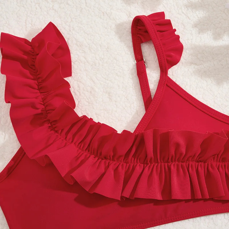 3 Pieces Ruffle Bikini 2025 Girls Swimsuit High Waist Kids Swimwear Female Beach Skirt Red Children Swimming Bathing Swim Suit 250311