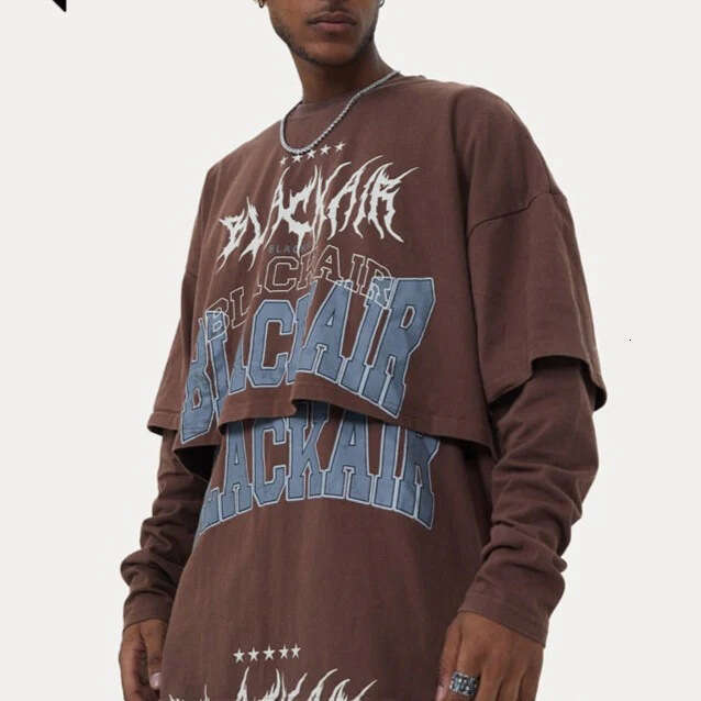 Hip hop long sleeved men's loose fake two-piece T-shirt autumn street wear cotton Harajuku top