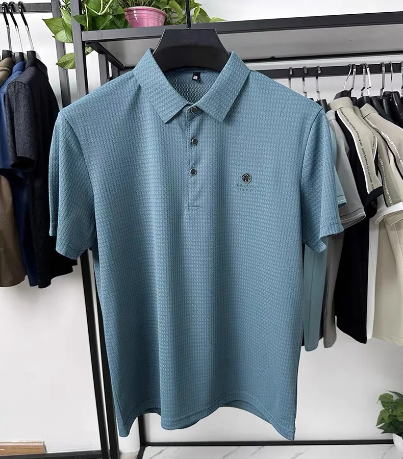 High quality ice silk breathable short sleeved Tshirt mens summer fashion embossed n top business casual polo shirt 250312