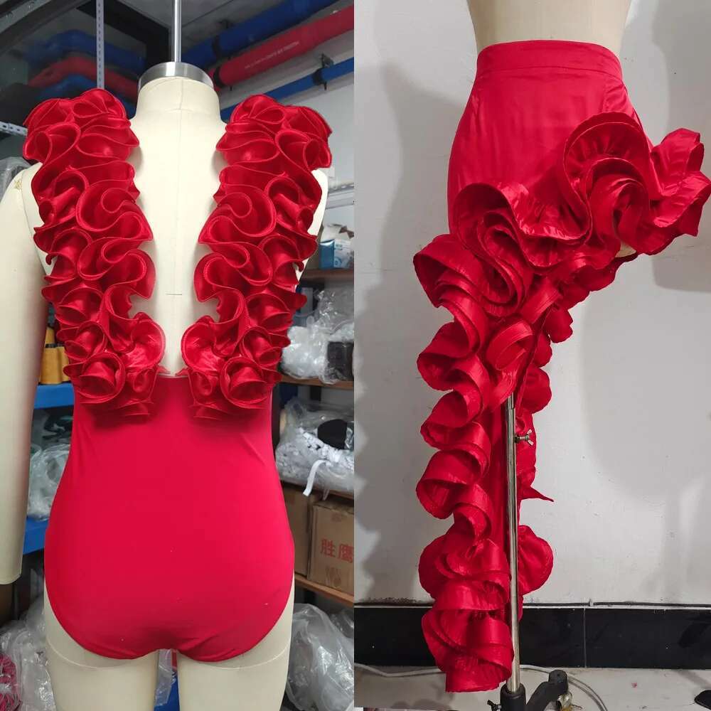 Cm.Yaya Women Streetwear 2 Two-Piece Suits Sexy Beach Holiday Ruffles Asymmetrical V-Neck Bodysuit+Long Skirts Bikinis Sets