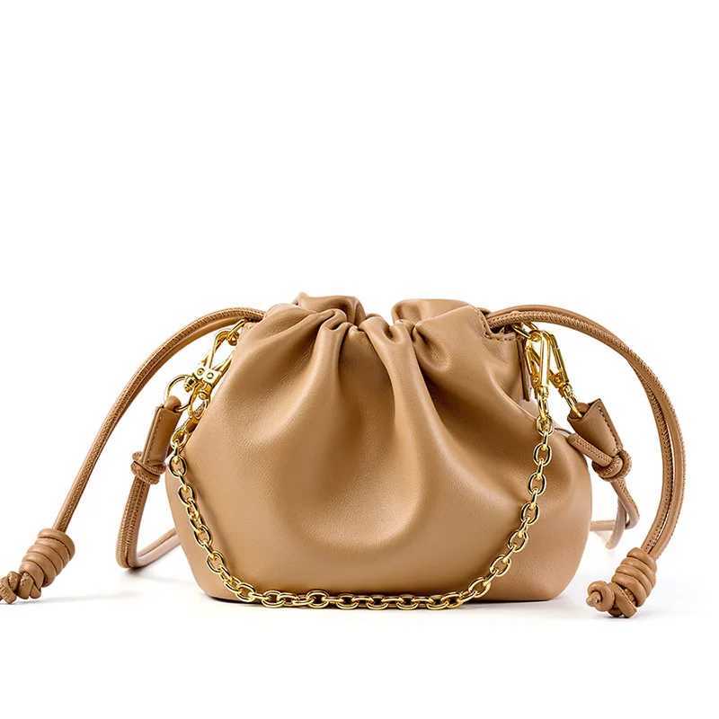 New Arrival Korean Version New Leather Cloud Bag Small Luxury Design Chain Handbag Cowhide Lucky Bag Fashionable Pleated Bucket Bag T250312