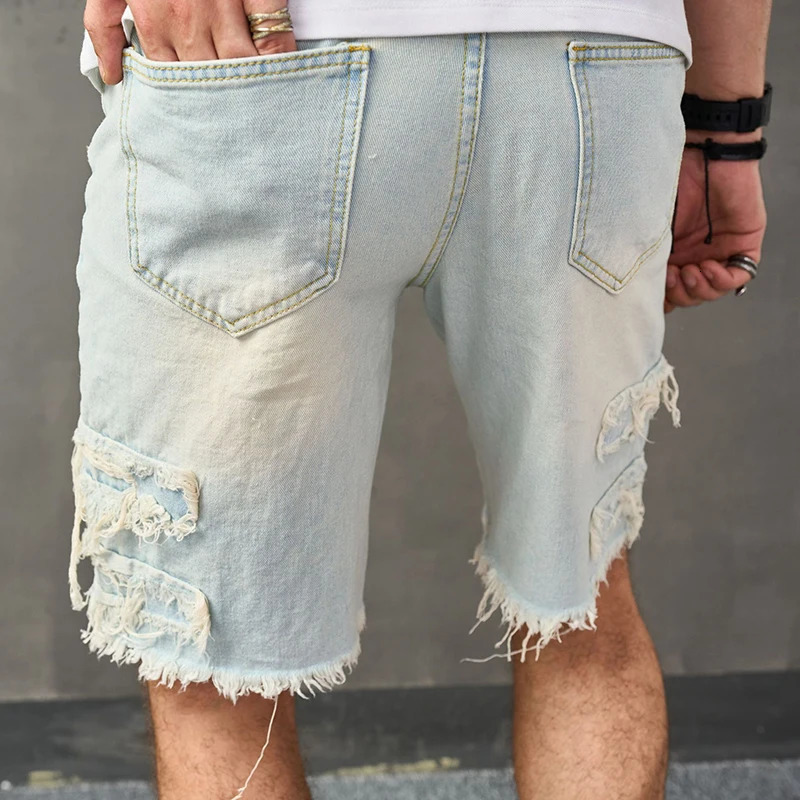 Y2K style open top n mens denim shorts summer trend solid color slim fit jeans retro straight 250312