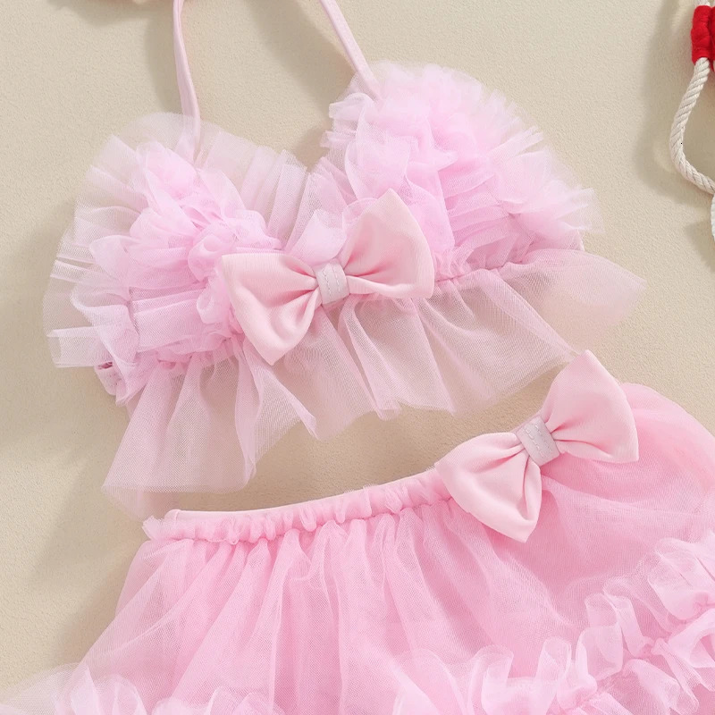 Princess Mesh Bowknot Baby Girls Bikini Set Beachwear For Kids Swimwear Summer Swimsuits Tulle Camisole PP Shorts Bathing Suits 250311