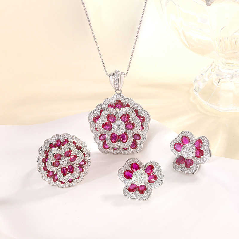 2024 New Zhuangsheng Copper Bottom Gold Plated Simulated Red Corundum Rose Charm Light Luxury Set for Women W250312