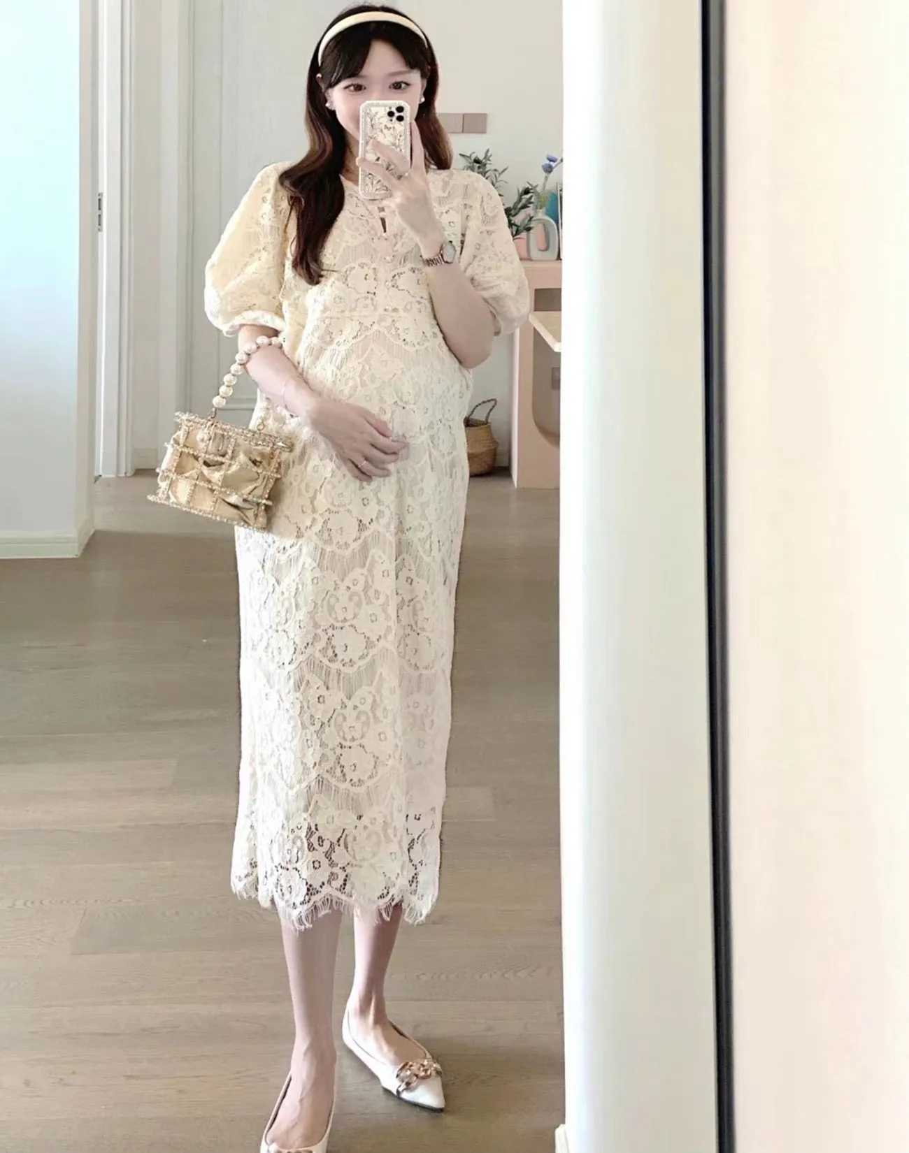 2024 Summer Maternity Lace Dress Sweet Button Fly Good Quality Pregnant Woman Wedding Dress Elegant Pregnancy Party Dress CuteT250311