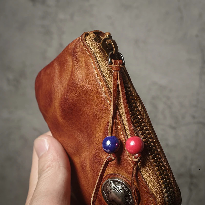 Top Cowhide Car Key Bags Men Women Vintage Zipper Coin Purse Genuine Leather Wallet Card Holde |Housekeeper Home Organizer 250311