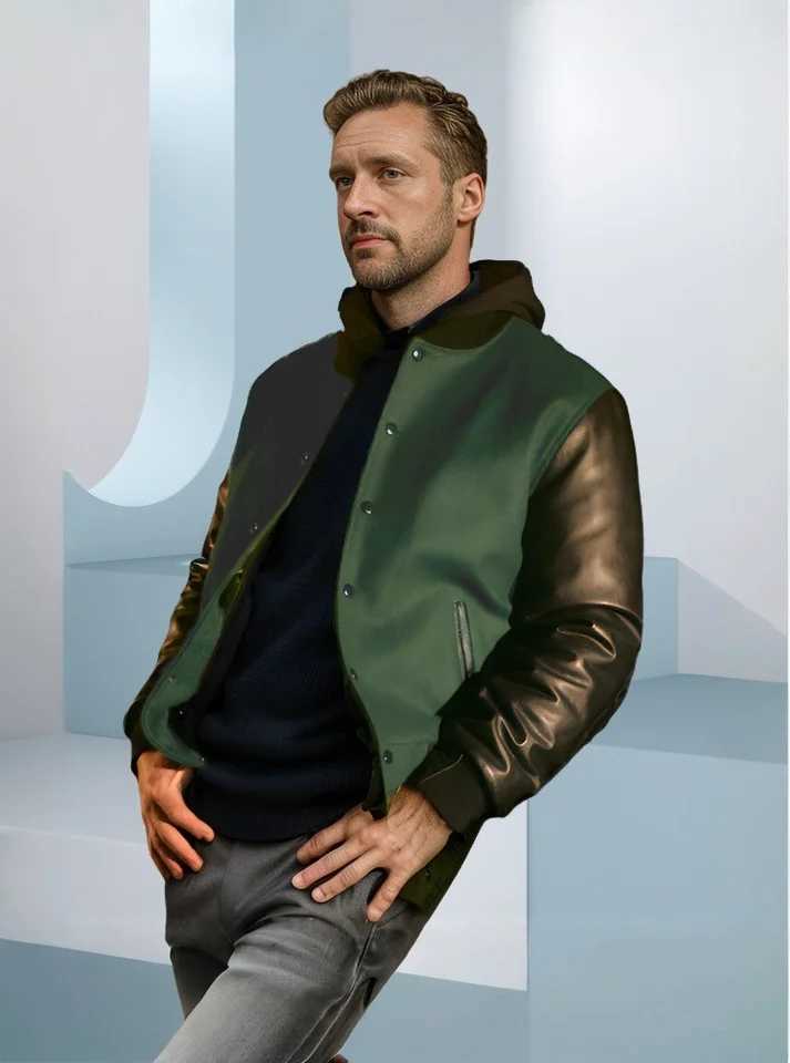 Hot selling new mens casual single-breasted jacket spring and autumn new mens PU leather sleeve spliced jacketT250311